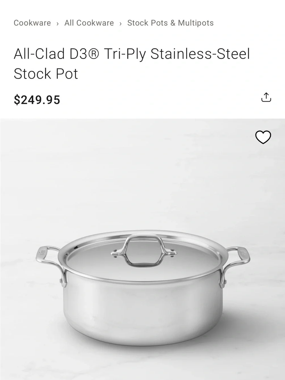 All-Clad D3® Tri-Ply Stainless-Steel Stock Pot 6 Quart with lid - Picture 2 of 9